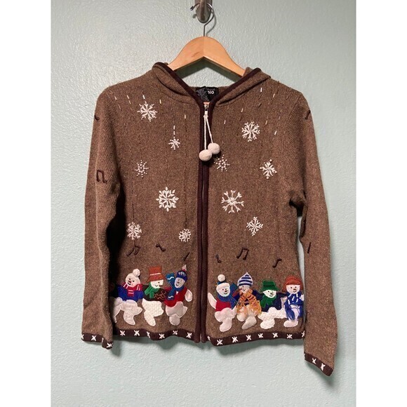 Designers Originals Women's Brown Zip Up Snowman Winter‎ Sweater Small - Picture 1 of 11